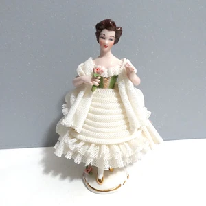 Vintage Dresden Porcelain Lace Figurine Woman Holding Flower - Picture 1 of 16