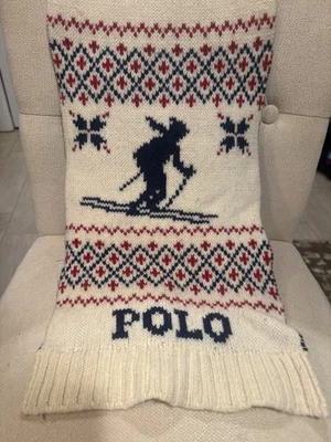 Polo Ralph Lauren 100% Lana Corderos Crema Esquiador Nórdico Azul Rojo Bufanda Foto 1 de 3