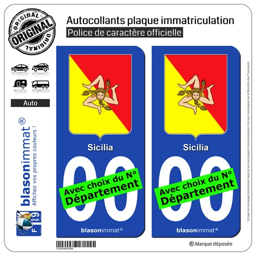 BLASONIMMAT 2 Stickers autocollant plaque immatriculation Auto : Sicile Région - Armoiries