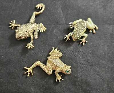 Lote de 3 broches vintage de estrás esmaltados de rana Foto 1 de 4
