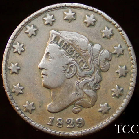 1829 MEDIUM LETTERS N-9 CORONET HEAD MATRON LARGE CENT ~ 1c ~ FREE SHIPPING TCC Cover