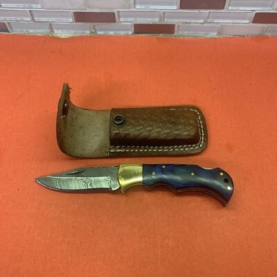 Cuchillo de caza Skinner de acero Damasco hecho a mano cuchillo de bolsillo con funda de cuero Foto 1 de 4