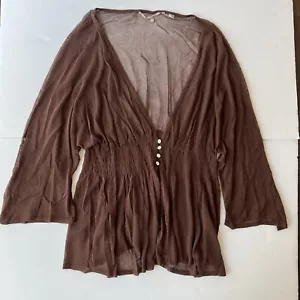 Knitted & Knotted (Anthro) Large Flowy Sheer Cardigan Brown Rose Buttons Peplum - Picture 1 of 11
