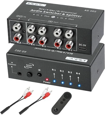 Aluminum RCA 4-Way Audio Switcher Package - Remote Control & Cables Enclosed - Image 1 of 4