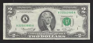 1976 USA $2 Two Dollar Bill Series (A) Number A22503880A Circulated Condition - Picture 1 of 2
