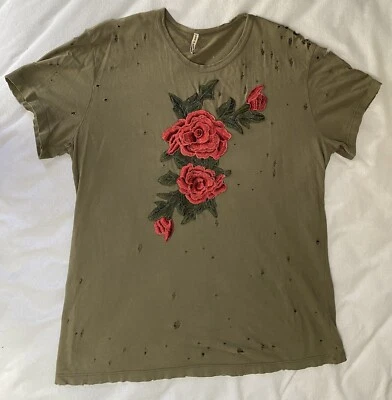 Emma & Sam Distressed Rose Appliqued Olive Green T Shirt  Oversized M - Image 1 of 4