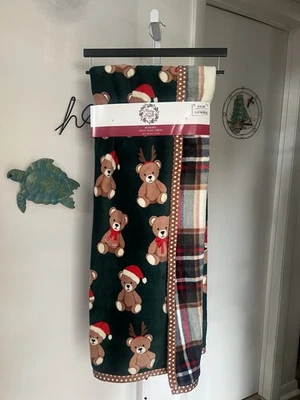NEW Merry & Bright Christmas Teddy Bear Reversible Plaid Throw Blanket 50x70” - Image 1 of 2