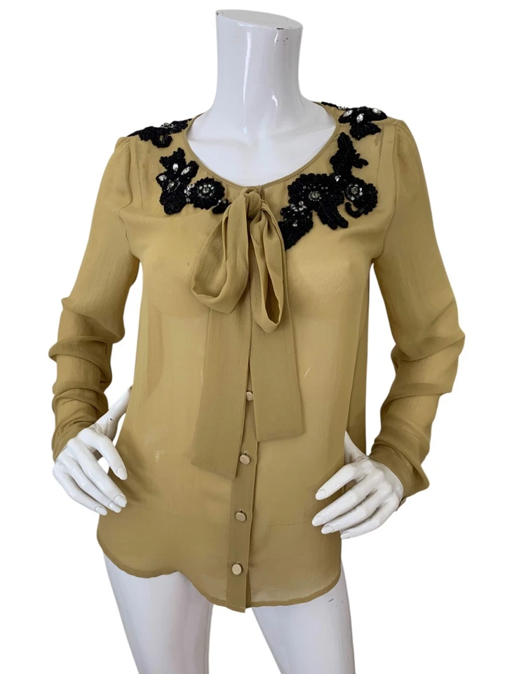 Blusa Robert Rodriguez Adornada Cuentas Gasa Cuello Corbata Top Talla Pequeña Foto 1 de 4