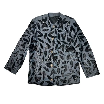 Abrigo Mujer Cuero Vintage Floral Hoja Lentejuelas Chaqueta Gris Años 80 90 Foto 1 de 4
