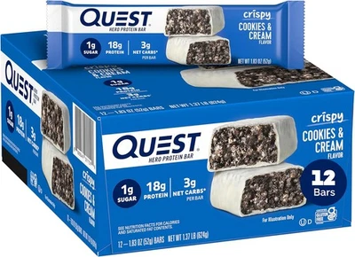 Quest Crispy Cookies & Cream Hero Protein Bar, 18 g de proteína, ceto, 12 unidades Foto 1 de 4