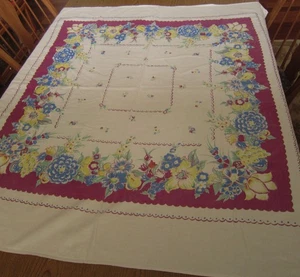VTG Tablecloth 1950’s Cotton Floral Print Purple Blue, Yellow 50 x 54 - Picture 1 of 3