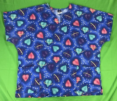 Large Blue w/ Heart Pattern Barco Scrub Top - Image 1 of 4