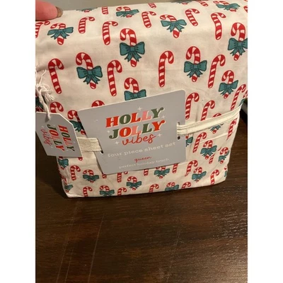 Holly Jolly Vibes Queen Four Piece Sheet Set Candy Cane Holiday Print - Image 1 of 3
