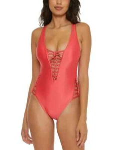 Becca Women's Cross-Back Sheen Plunging Neckline One-Piece Swimsuit Coral L - Picture 1 of 12