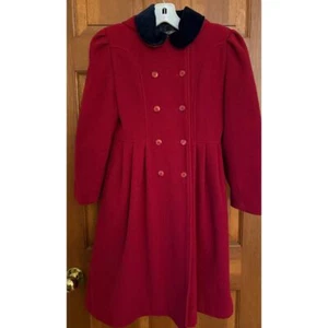 VTG French Full-Length Wool Dress Coat Girls 10 Red Navy Velvet Trim Hood Eloise - Picture 1 of 16