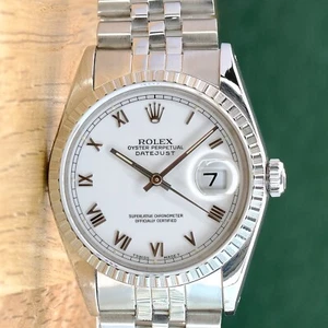 ROLEX DATEJUST MENS WHITE ROMAN DIAL STEEL ENGINE TURNED JUBILEE WATCH 16220 - Picture 1 of 6