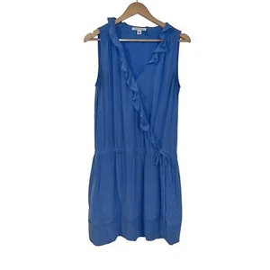 Banana Republic Blue Silk Mini Dress Size 8 Wrap Front Ruffle Trim Sleeveless - Picture 1 of 13
