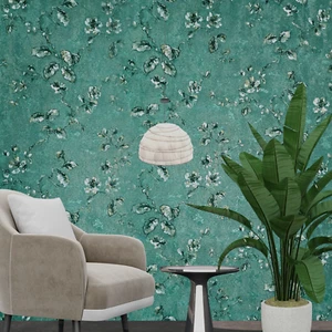 Teal green gold distressed fish scale plaster textured floral branches Wallpaper - Picture 1 of 13