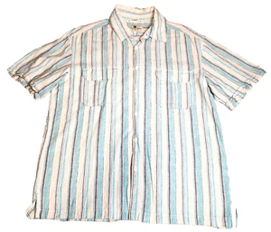 Island Shores Mens Linen Blend Shirt Sz L Blue Striped Button Short Sleeve EUC - Picture 1 of 8