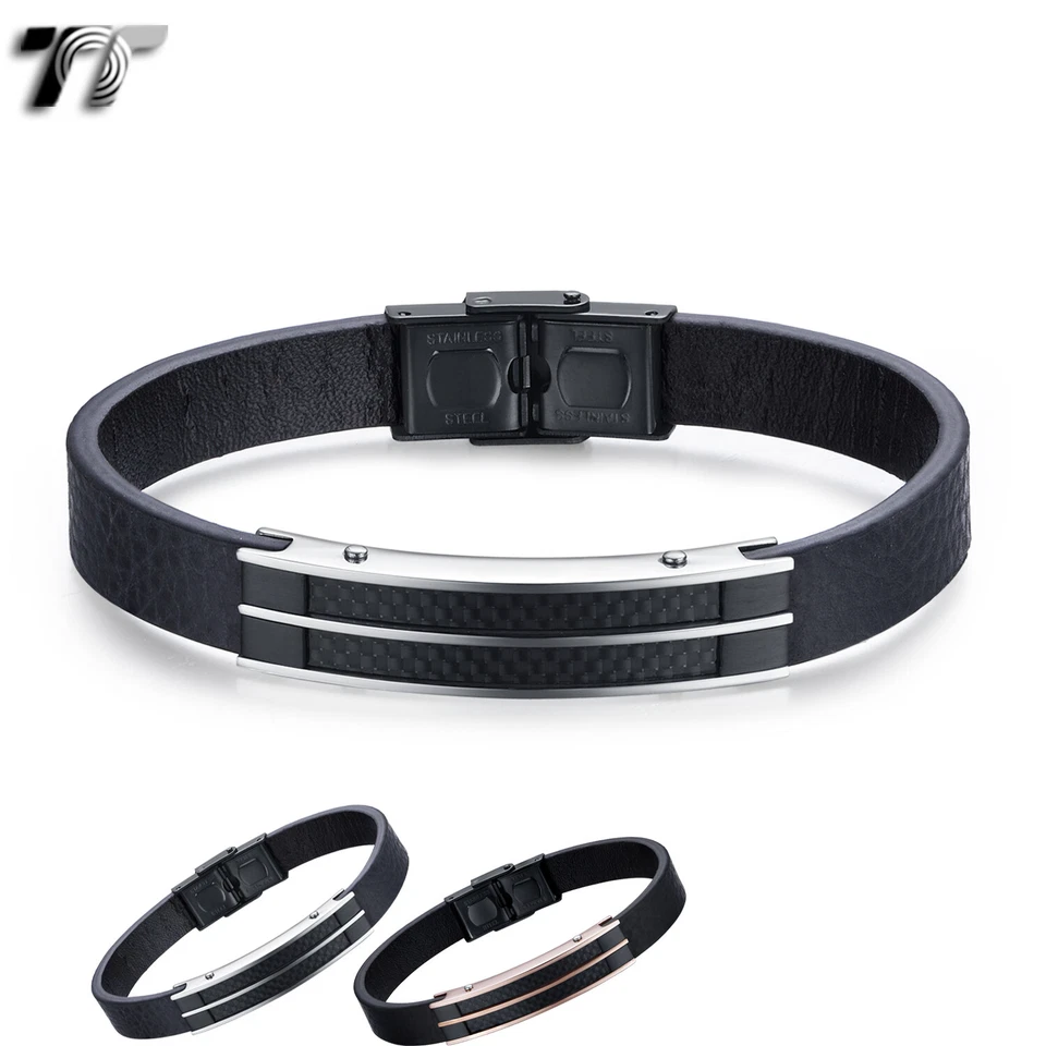 Pulsera TT Cuero Negro 316L Acero Plata/Oro Rosa Fibra (BR295) Foto 1 de 1