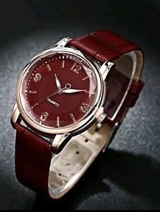 Ladies Women Quartz Wrist Watch Watches with Leather Strap... Red & Gold UK - Picture 1 of 3