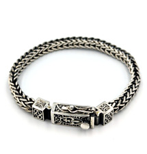 Sterling Silver 925 Woven Chain Fleur De Lis Design Clasp Unisex Bracelet 8.25"