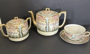 Squisita antica teiera Nippon, zuccheriera e 6 tazze con piattini dipinta a mano - Foto 1 di 23