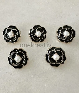 Black And Gold Camellia Flower Buttons & Faux White Pear - Lot Of 5 NEW - Picture 1 of 4
