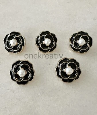 Black And Gold Camellia Flower Buttons & Faux White Pear - Lot Of 5 NEW - Image 1 of 4