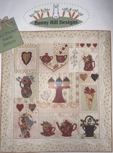 CREAM AND SUGAR Bunny Hill Quilt Kit Applique Tea FABRIC Teapot cup Red Flower - Picture 1 of 9