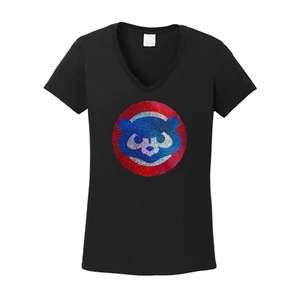 Women's Chicago Cubs  Cubbies Rhinestone Vneck T-Shirt Bling Lady lots of bling - Picture 1 of 1
