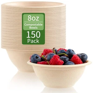 150 Pack 8 Oz Paper Bowls Disposable Small Compostable Soup Bowls Natural Sugarc - Picture 1 of 7