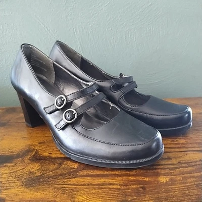 Zapatos de tacón Maryjane Bass & Co para mujer 9 de cuero negro con hebillas con tiras -Leer Foto 1 de 4
