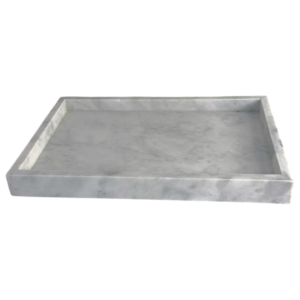Solid Marble Vanity Tray – White Gray Carrara-Style Rectangle Stone Organizer - Image 1 of 4