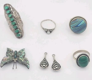 Vintage Silver 925 & Gemstone Jewelry Ys India Filgree Malachite Albone 6 Pc Lot - Picture 1 of 8