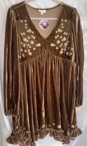Caballete Talla M Marrón Terciopelo Babydoll Túnica Vestido Estrella Bordado Volantes Dobladillo - Imagen 1 de 5