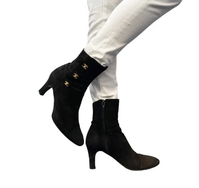 香奈儿复古 CC 标志 Turnlock 踝靴高跟鞋 #36.5 黑色麂皮绒皮革 — 第 1/4 张图片