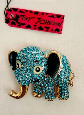 Broche Pin Betsey Johnson Cristal Azul Elefante Colgante Tono Dorado Foto 1 de 4