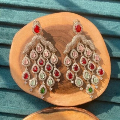 22.5TCW Simulated Pear Gemstone & Round Sapphire Five Layer Drop Dangle Earrings - Image 1 of 4