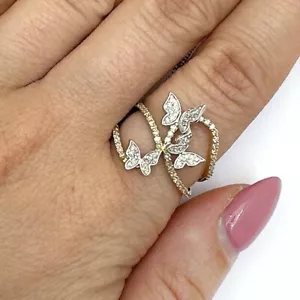 0.35CTW Real Diamond 10K Gold 2-Tone Yellow White 3-Butterflies Cocktail Ring - Picture 1 of 3