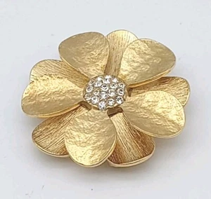 Premier Designs Signed Brooch Pendant Textured Gold Tone Flower Rhinestones Pin - Picture 1 of 10
