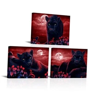 3 Pieces Panther Canvas Wall Art Black and White Animal and Full Small Red - Picture 1 of 6