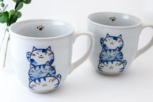 Set of 2 Japanese Handmade Mug Cup White TORIO Cat Blue Pottery Seto ware - Picture 1 of 12