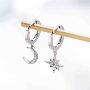 Fashion 925 Silver,Gold Moon Star Earrings Women Drop Dangle Zircon Jewelry Gift