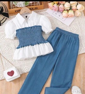Girls Size 11-12 Years Girls Puff Sleeve Blouse And Matching Pants Set 2 Pieces - Picture 1 of 6