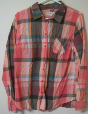 Camisa Merona Damas XL pero más como M Cuadros Cuadros Gris Salmón Verde azulado Bolsillo Frontal Foto 1 de 4
