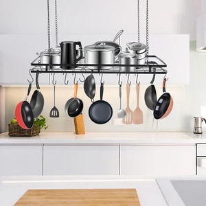 Modern Hanging Pot Holder Pan Hanger Kitchen Ceiling Rack with 12 Hooks Black - Picture 1 of 20