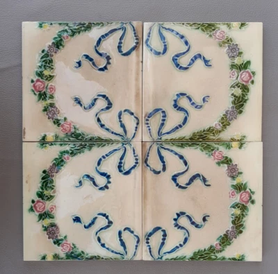 antique orig. majolica floral garland ceramic JAPAN DK tile 4pcs lot 6" - Image 1 of 4