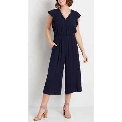 Maurice's Navy Lace Trim Flutter Sleeve Pocket Jumpsuit Size S - Image 1 of 4