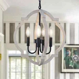 Vintage Pendant Light Fixture Dining Room Wood Chandelier Ceiling Lighting White - Picture 1 of 10